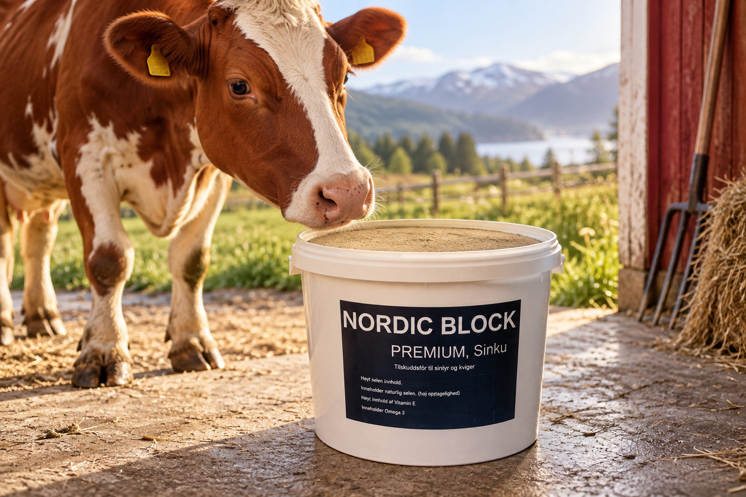 Illustrasjon av ku ved en åpen Nordic Block Premium Sinku-bøtte i et gårdsmiljø