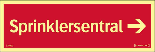 Skilt Systemtext GlowLite™ Sprinklersentral pil Høyre