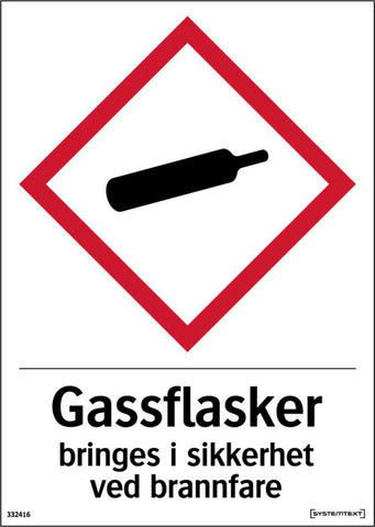 Skilt Systemtext "Gassflasker bringes i sikkerhet ved brannfare" dekal