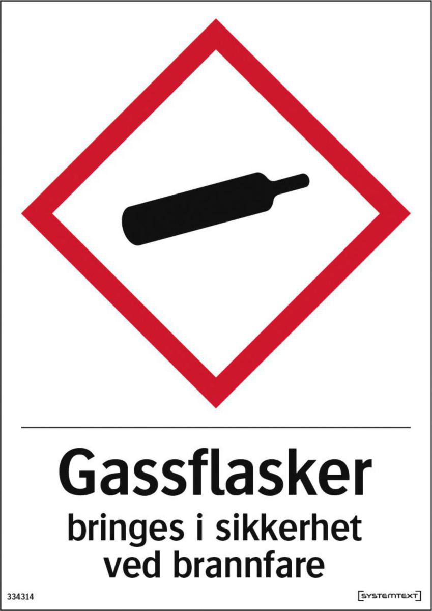 Skilt Systemtext "Gassflasker bringes i sikkerhet ved brannfare"