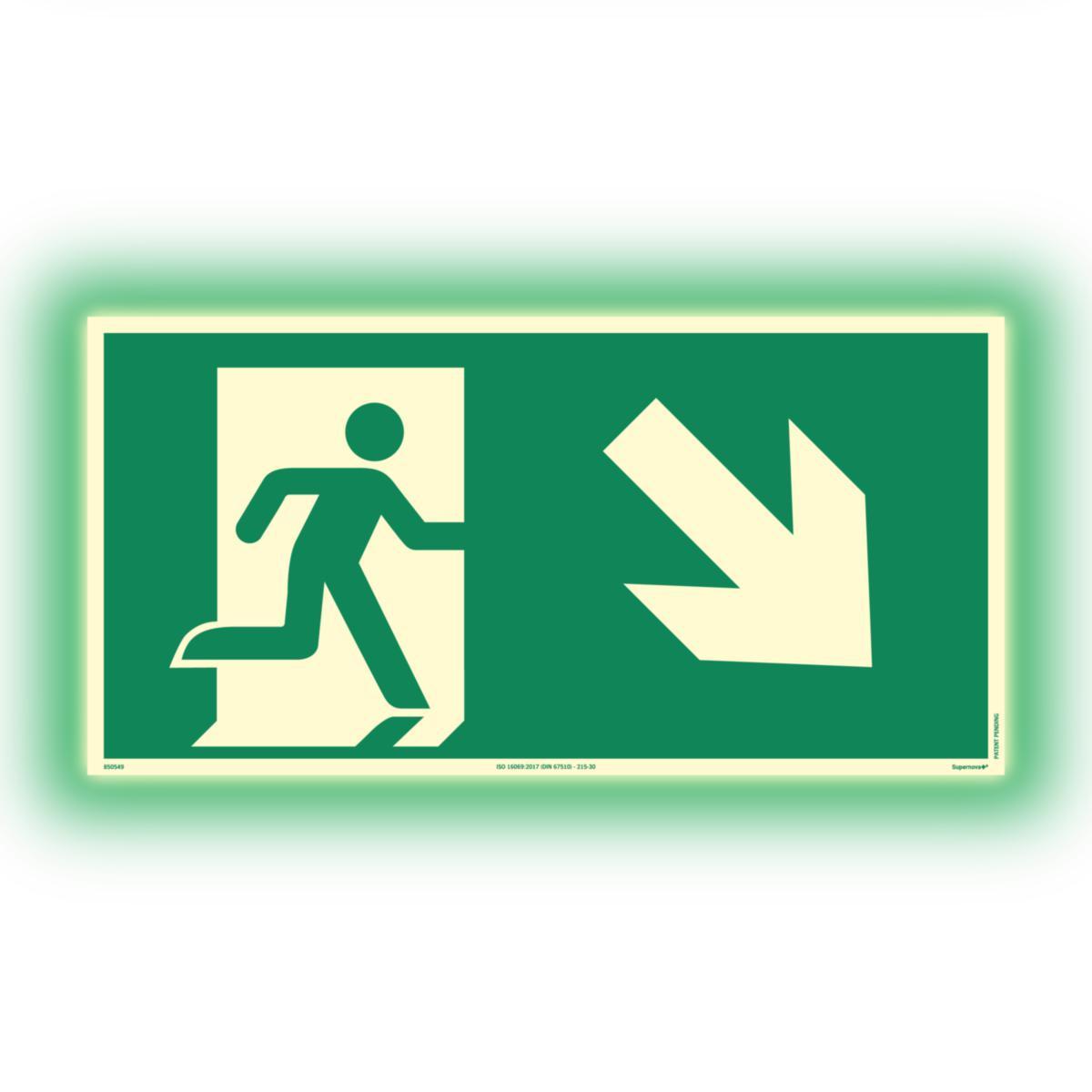 Skilt Systemtext Supernova+® Nødutgang ned til høyre