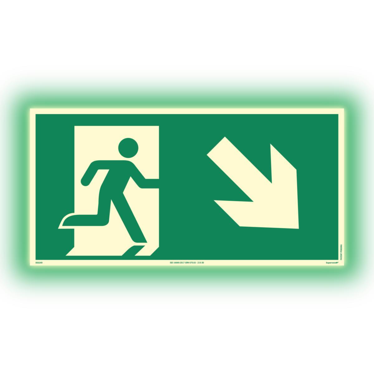 Skilt Systemtext Supernova+® Nødutgang ned til høyre