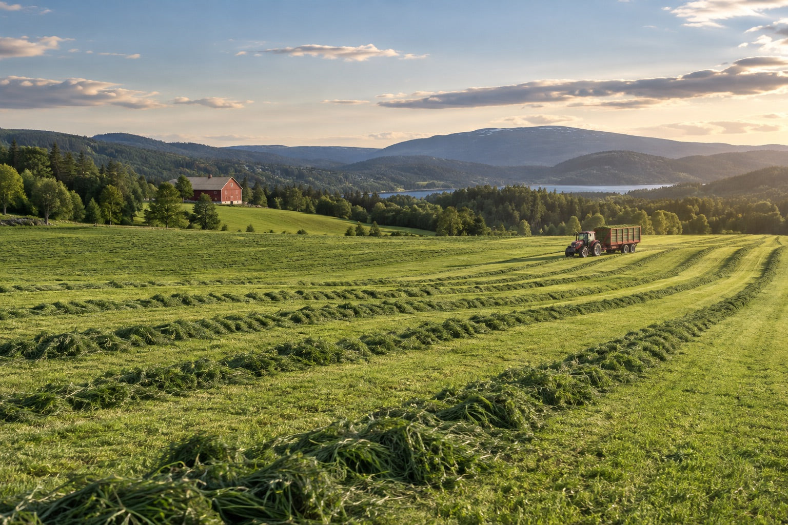 Miljøillustrasjon av slått med grasstrenger og traktor i et norsk jordbrukslandskap