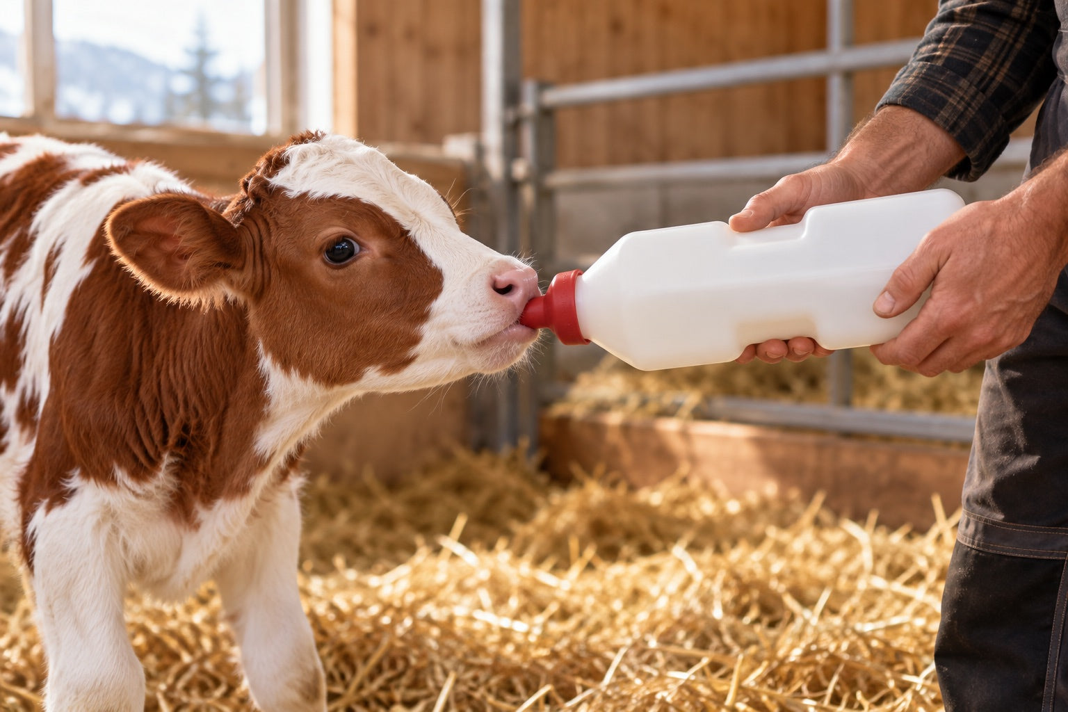 KI-generert brukseksempel: kalv drikker fra en flaske basert på Merricks Calf Nurser