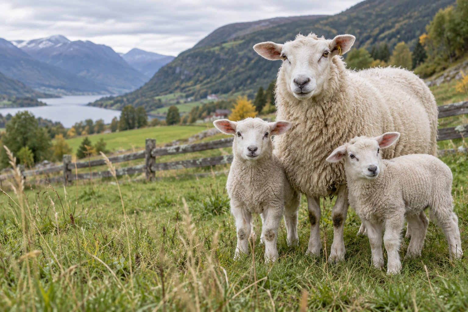 Illustrasjon av søye med to lam på norsk beite