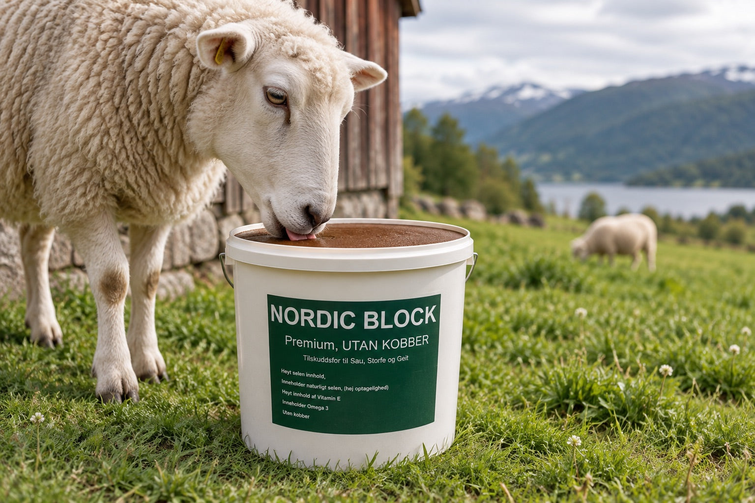 Illustrasjon av sau som slikker fra en åpen Nordic Block Premium-bøtte i et norsk gårdsmiljø